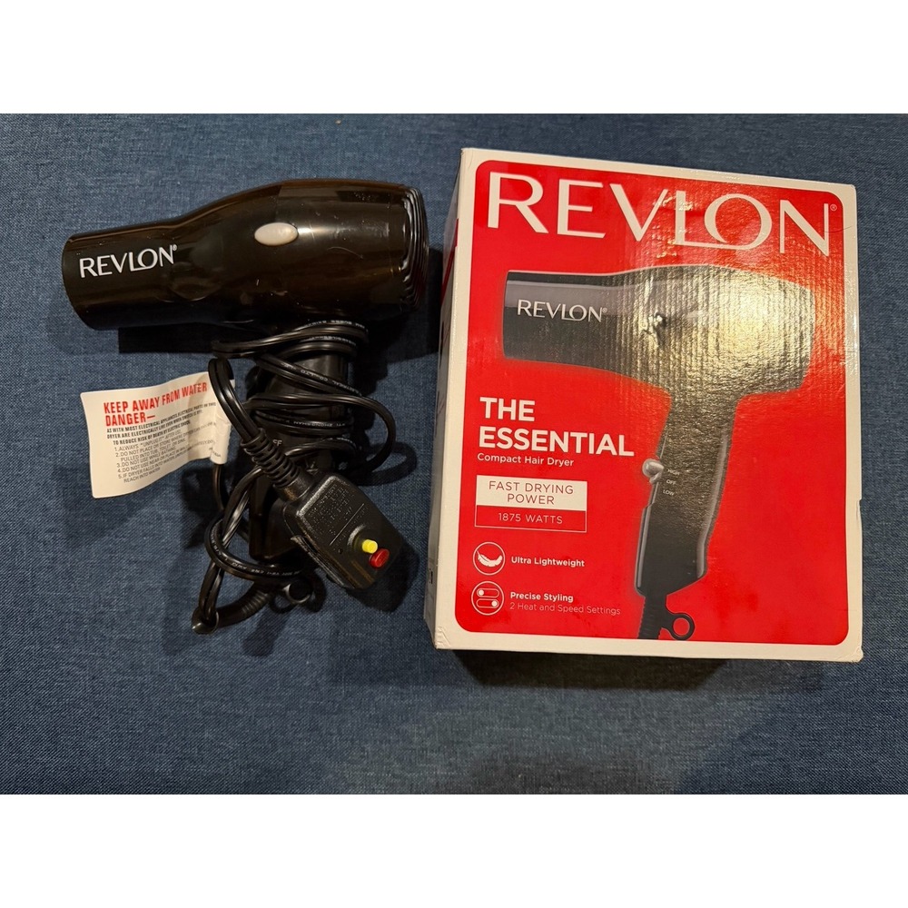 Revlon The Essential Compact Hair Dryer 1875 Watts Black Fast Drying Power‎